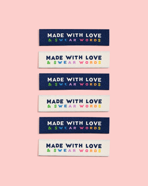 KATM Woven Labels - "Made With Love + Swear Words" - Woven Sewing Labels 6 Pack