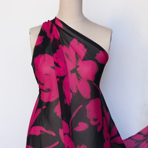Magenta Floral Black/Fuchsia Silk Georgette