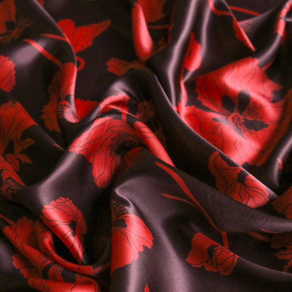 Fragile Blooms Choc/Red - Belgravia Silk Satin