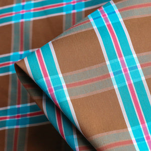 Ceasare Check Camel/Turquoise Stretch Cotton Shirting