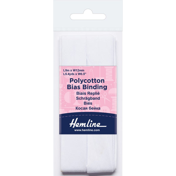 Hemline Polycotton Bias Binding - White 12MM X 5M