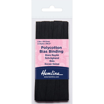Hemline  Polycotton Bias Binding - Black 12MM X 5M