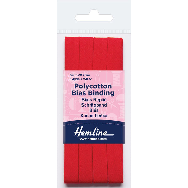 Hemline  Polycotton Bias Binding - Red 12MM X 5M