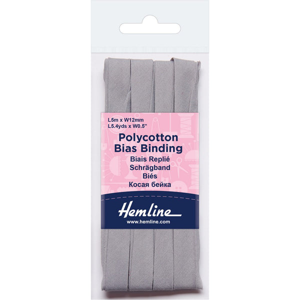 Hemline Polycotton Bias Binding - Grey 12MM X 5M