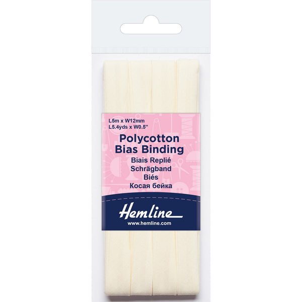Hemline Polycotton Bias Binding - Cream 12MM X 5M