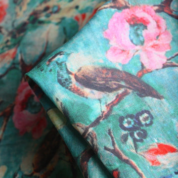 Vintage Peacock Washed Printed Linen