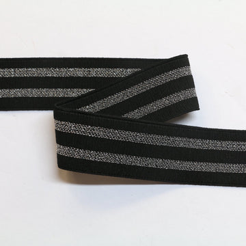 Metallic Fancy Elastic (35mm/ 1 1/4") - Black/Metallic Silver Stripes