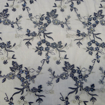 Navy Silver Embroidered Tulle